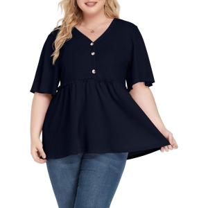 imagePOSESHE Womens Long Sleeve L5X Plus Size Waffle Knit Tunic Tops Button Up V Neck Loose Fit Henley TshirtB03 Short Sleeve Navy