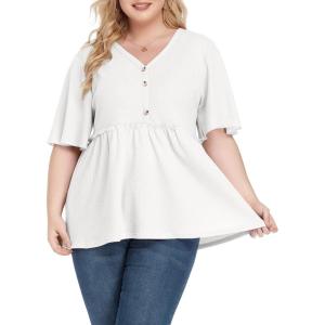 imagePOSESHE Womens Long Sleeve L5X Plus Size Waffle Knit Tunic Tops Button Up V Neck Loose Fit Henley TshirtB04 Short Sleeve White