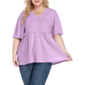 imagePOSESHE Womens Long Sleeve L5X Plus Size Waffle Knit Tunic Tops Button Up V Neck Loose Fit Henley TshirtB05 Short Sleeve Purple