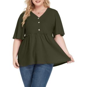 imagePOSESHE Womens Long Sleeve L5X Plus Size Waffle Knit Tunic Tops Button Up V Neck Loose Fit Henley TshirtB06 Short Sleeve Green