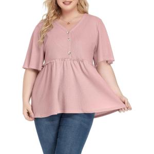 imagePOSESHE Womens Long Sleeve L5X Plus Size Waffle Knit Tunic Tops Button Up V Neck Loose Fit Henley TshirtB07 Short Sleeve Pink