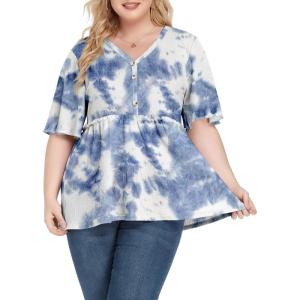 imagePOSESHE Womens Long Sleeve L5X Plus Size Waffle Knit Tunic Tops Button Up V Neck Loose Fit Henley TshirtB08 Short Blue Tiedye