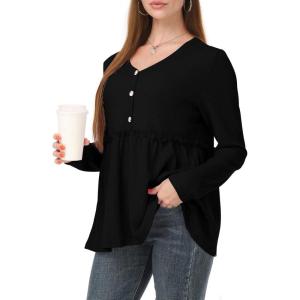 imagePOSESHE Womens Long Sleeve L5X Plus Size Waffle Knit Tunic Tops Button Up V Neck Loose Fit Henley TshirtC01 Long Sleeve Black