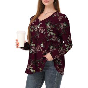 imagePOSESHE Womens Long Sleeve L5X Plus Size Waffle Knit Tunic Tops Button Up V Neck Loose Fit Henley TshirtC02 Long Floral Wine Red