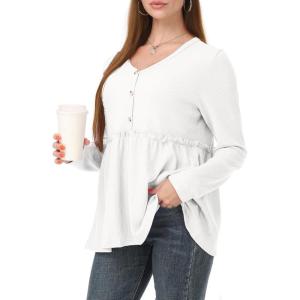 imagePOSESHE Womens Long Sleeve L5X Plus Size Waffle Knit Tunic Tops Button Up V Neck Loose Fit Henley TshirtC04 Long Sleeve White