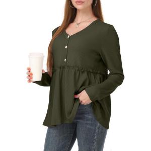 imagePOSESHE Womens Long Sleeve L5X Plus Size Waffle Knit Tunic Tops Button Up V Neck Loose Fit Henley TshirtC06 Long Sleeve Green
