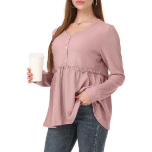 imagePOSESHE Womens Long Sleeve L5X Plus Size Waffle Knit Tunic Tops Button Up V Neck Loose Fit Henley TshirtC07 Long Sleeve Pink