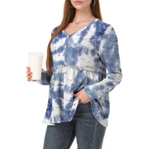 imagePOSESHE Womens Long Sleeve L5X Plus Size Waffle Knit Tunic Tops Button Up V Neck Loose Fit Henley TshirtC08 Long Blue Tiedye