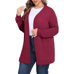 imagePOSESHE Womens Plus Size Cardigan Sweater 2024 Fall Long Sleeve Lightweight Knit Open Front Casual Loose CardiganWine Red