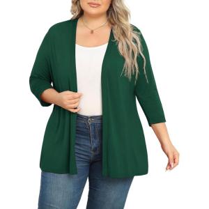 imagePOSESHE Womens Plus Size Casual Lightweight Open Front Cardigans Soft Draped 34 Sleeve CardiganDark Green