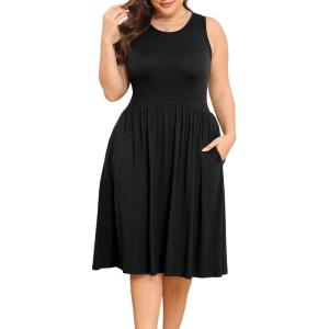 imagePOSESHE Womens Plus Size Dress 2024 Summer Round Neck Sleeveless Casual Empire Waist Loose Fit Swing Tank Dress with PocketsB1black