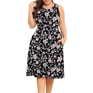 imagePOSESHE Womens Plus Size Dress 2024 Summer Round Neck Sleeveless Casual Empire Waist Loose Fit Swing Tank Dress with PocketsBlack Pink Fl