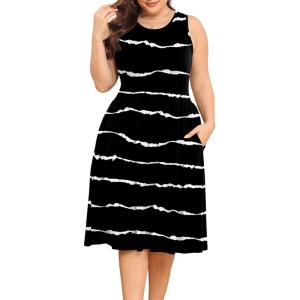 imagePOSESHE Womens Plus Size Dress 2024 Summer Round Neck Sleeveless Casual Empire Waist Loose Fit Swing Tank Dress with PocketsBlack Stripe