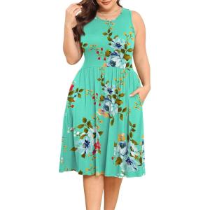 imagePOSESHE Womens Plus Size Dress 2024 Summer Round Neck Sleeveless Casual Empire Waist Loose Fit Swing Tank Dress with PocketsGreen Floral