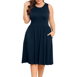 imagePOSESHE Womens Plus Size Dress 2024 Summer Round Neck Sleeveless Casual Empire Waist Loose Fit Swing Tank Dress with PocketsNavy Blue