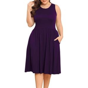 imagePOSESHE Womens Plus Size Dress 2024 Summer Round Neck Sleeveless Casual Empire Waist Loose Fit Swing Tank Dress with PocketsPurple