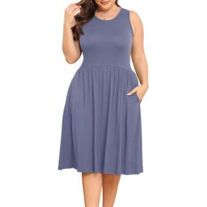 imagePOSESHE Womens Plus Size Dress 2024 Summer Round Neck Sleeveless Casual Empire Waist Loose Fit Swing Tank Dress with PocketsPurple Grey