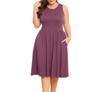 imagePOSESHE Womens Plus Size Dress 2024 Summer Round Neck Sleeveless Casual Empire Waist Loose Fit Swing Tank Dress with PocketsPurple Red
