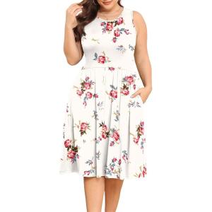 imagePOSESHE Womens Plus Size Dress 2024 Summer Round Neck Sleeveless Casual Empire Waist Loose Fit Swing Tank Dress with PocketsRose Leaf