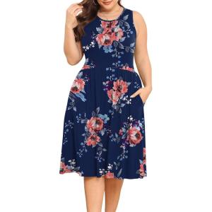 imagePOSESHE Womens Plus Size Dress 2024 Summer Round Neck Sleeveless Casual Empire Waist Loose Fit Swing Tank Dress with PocketsRose Navy Blue