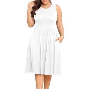 imagePOSESHE Womens Plus Size Dress 2024 Summer Round Neck Sleeveless Casual Empire Waist Loose Fit Swing Tank Dress with PocketsWhite