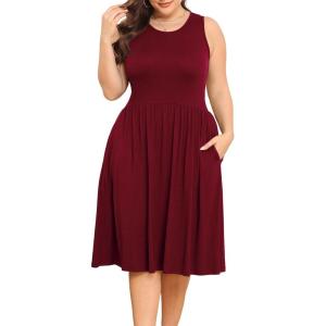 imagePOSESHE Womens Plus Size Dress 2024 Summer Round Neck Sleeveless Casual Empire Waist Loose Fit Swing Tank Dress with PocketsWine Red