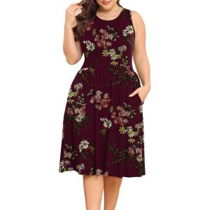 imagePOSESHE Womens Plus Size Dress 2024 Summer Round Neck Sleeveless Casual Empire Waist Loose Fit Swing Tank Dress with PocketsWine Red Fl