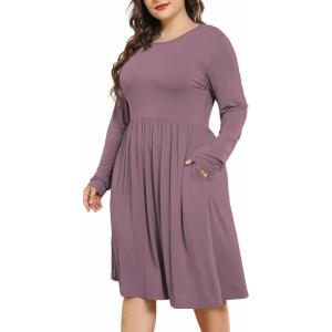 imagePOSESHE Womens Plus Size Dresses 2024 Long Sleeves Crew Neck Casual Dresses Empire Waist Loose Flowy Dress with PocketsBean Red