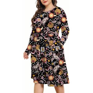 imagePOSESHE Womens Plus Size Dresses 2024 Long Sleeves Crew Neck Casual Dresses Empire Waist Loose Flowy Dress with PocketsBlack Colorful Fl
