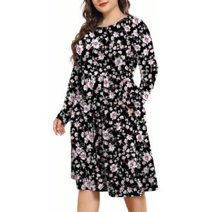 imagePOSESHE Womens Plus Size Dresses 2024 Long Sleeves Crew Neck Casual Dresses Empire Waist Loose Flowy Dress with PocketsBlack Pink Floral
