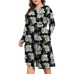 imagePOSESHE Womens Plus Size Dresses 2024 Long Sleeves Crew Neck Casual Dresses Empire Waist Loose Flowy Dress with PocketsBlack Rosa Banksiae