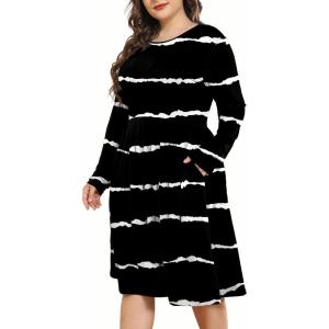 imagePOSESHE Womens Plus Size Dresses 2024 Long Sleeves Crew Neck Casual Dresses Empire Waist Loose Flowy Dress with PocketsBlack Stripe
