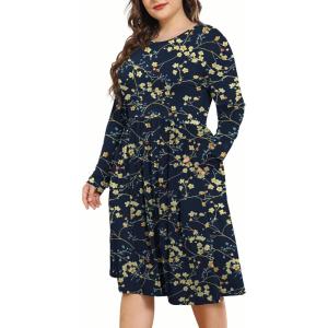 imagePOSESHE Womens Plus Size Dresses 2024 Long Sleeves Crew Neck Casual Dresses Empire Waist Loose Flowy Dress with PocketsBlue Apricot