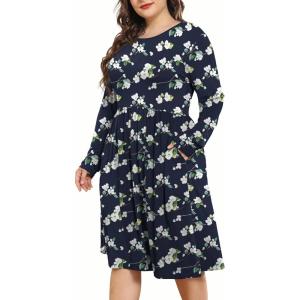 imagePOSESHE Womens Plus Size Dresses 2024 Long Sleeves Crew Neck Casual Dresses Empire Waist Loose Flowy Dress with PocketsBlue Begonia