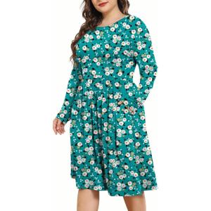 imagePOSESHE Womens Plus Size Dresses 2024 Long Sleeves Crew Neck Casual Dresses Empire Waist Loose Flowy Dress with PocketsBlue Chrysanthemum