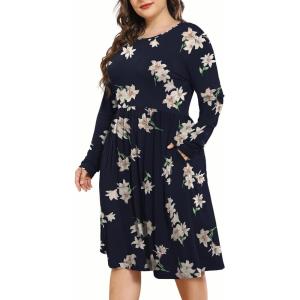 imagePOSESHE Womens Plus Size Dresses 2024 Long Sleeves Crew Neck Casual Dresses Empire Waist Loose Flowy Dress with PocketsBlue Lily