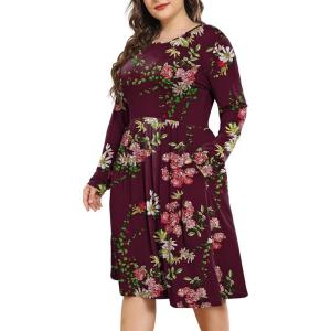 imagePOSESHE Womens Plus Size Dresses 2024 Long Sleeves Crew Neck Casual Dresses Empire Waist Loose Flowy Dress with PocketsC10wine Red Flower