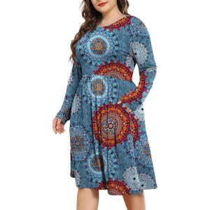 imagePOSESHE Womens Plus Size Dresses 2024 Long Sleeves Crew Neck Casual Dresses Empire Waist Loose Flowy Dress with PocketsC11mix Blue
