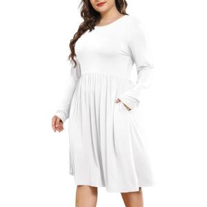 imagePOSESHE Womens Plus Size Dresses 2024 Long Sleeves Crew Neck Casual Dresses Empire Waist Loose Flowy Dress with PocketsC12white