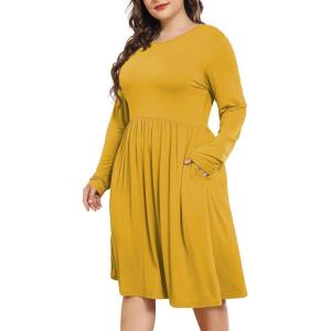 imagePOSESHE Womens Plus Size Dresses 2024 Long Sleeves Crew Neck Casual Dresses Empire Waist Loose Flowy Dress with PocketsC13yellow