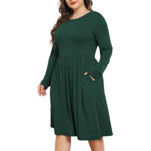 imagePOSESHE Womens Plus Size Dresses 2024 Long Sleeves Crew Neck Casual Dresses Empire Waist Loose Flowy Dress with PocketsC14dark Green