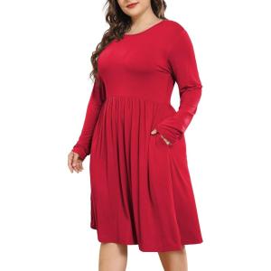 imagePOSESHE Womens Plus Size Dresses 2024 Long Sleeves Crew Neck Casual Dresses Empire Waist Loose Flowy Dress with PocketsC15red