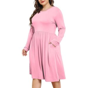 imagePOSESHE Womens Plus Size Dresses 2024 Long Sleeves Crew Neck Casual Dresses Empire Waist Loose Flowy Dress with PocketsC16pink Red