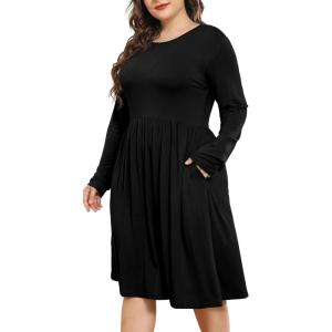 imagePOSESHE Womens Plus Size Dresses 2024 Long Sleeves Crew Neck Casual Dresses Empire Waist Loose Flowy Dress with PocketsC1black