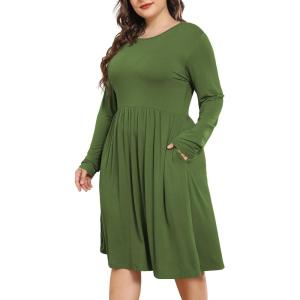 imagePOSESHE Womens Plus Size Dresses 2024 Long Sleeves Crew Neck Casual Dresses Empire Waist Loose Flowy Dress with PocketsC2army Green