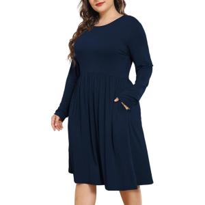 imagePOSESHE Womens Plus Size Dresses 2024 Long Sleeves Crew Neck Casual Dresses Empire Waist Loose Flowy Dress with PocketsC3navy Blue