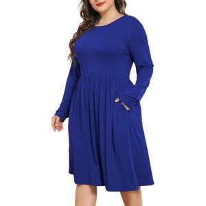 imagePOSESHE Womens Plus Size Dresses 2024 Long Sleeves Crew Neck Casual Dresses Empire Waist Loose Flowy Dress with PocketsC4royal Blue