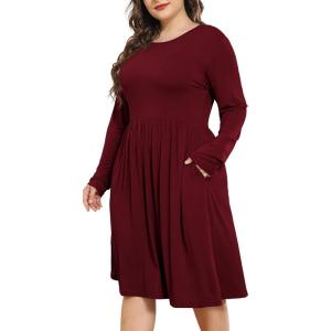 imagePOSESHE Womens Plus Size Dresses 2024 Long Sleeves Crew Neck Casual Dresses Empire Waist Loose Flowy Dress with PocketsC5wine Red