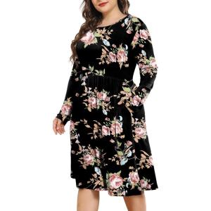 imagePOSESHE Womens Plus Size Dresses 2024 Long Sleeves Crew Neck Casual Dresses Empire Waist Loose Flowy Dress with PocketsC8rose Black