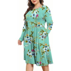 imagePOSESHE Womens Plus Size Dresses 2024 Long Sleeves Crew Neck Casual Dresses Empire Waist Loose Flowy Dress with PocketsGreen Floral